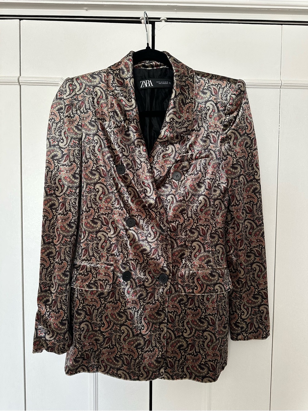 ZARA Metallic Paisley Double-Breasted Blazer in Brown and Black